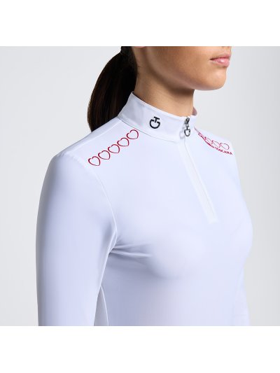 Polo de competición blanca de manga larga con el logotipo rojo con diseño de corazón para niña - Cavalleria Toscana