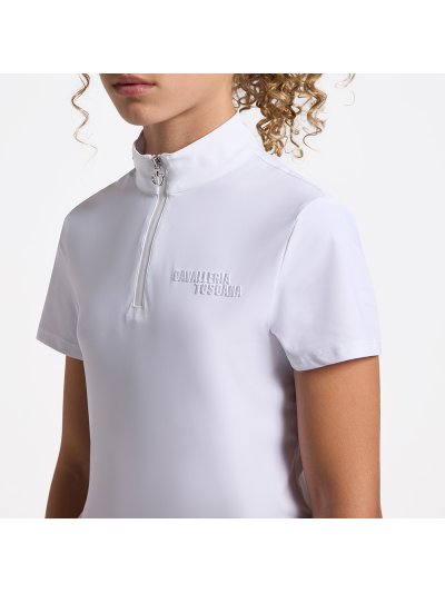 Polo de competición de manga corta blanco con logotipo bordado en blanco para niña - Cavalleria Toscana