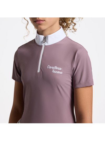Polo de competicion de manga corta rosa con logotipo bordado en blanco para niña - Cavalleria Toscana