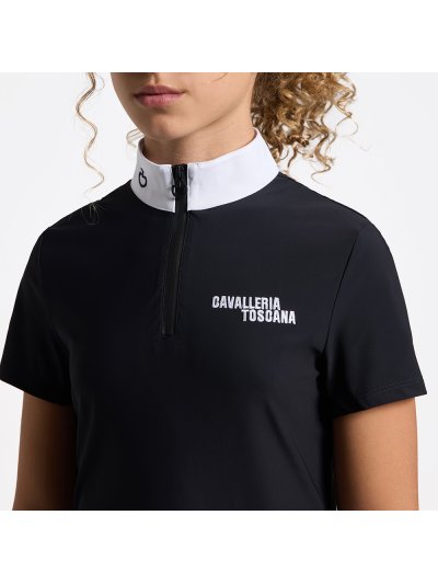 Polo de competición de manga corta azul marino con logotipo bordado en blanco para niña - Cavalleria Toscana