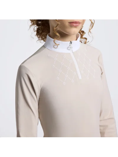 Polo de concurso de manga larga beige (Rainy Day) para niña - Cavalleria Toscana