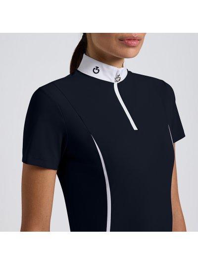 Polo de concurso de manga corta azul marino e inserciones de malla y cremallera frontal para mujer - Cavalleria Toscana
