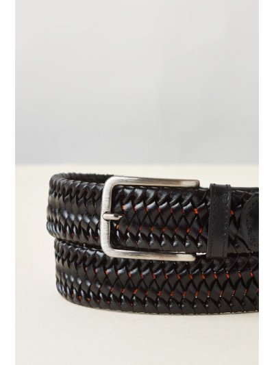 Black Leather Elastic Braided Belt with Orange Cord - Cavalleria Toscana