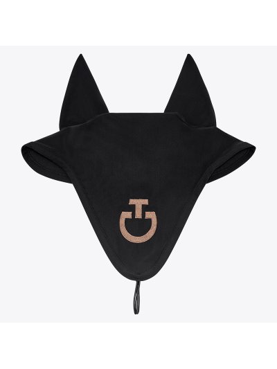 Bonnet noir avec le logo brodé en marron caramel avec fines oreilles élastiques et attache à la têtière pour cheval - Cavalleria Toscana