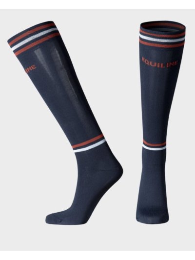 Navy blue and orange high-knee unisex riding socks with front logo - Equiline