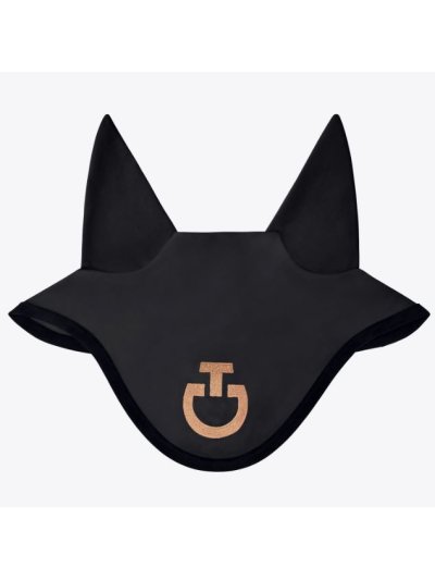 Bonnet anti-bruit noir avec logo brodé marron clair pour cheval et poney - Cavalleria Toscana