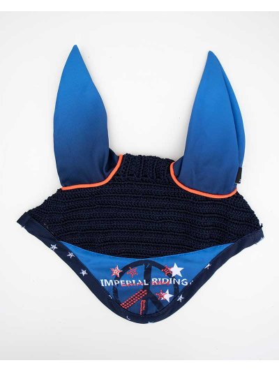 Navy blue crochet earmuffs with orange print and contrasts for horses - Imperial Riding