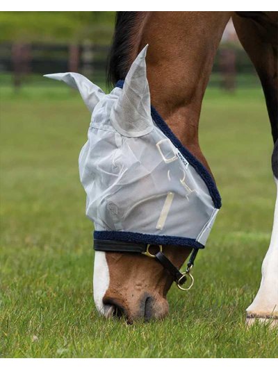 Máscara fina antimoscas con orejeras de licra plateada y borreguillo azul marino para caballo y pony - AMIGO