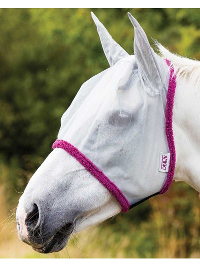 Máscara fina antimoscas con orejeras de licra plateada y borreguillo morado para pony - AMIGO