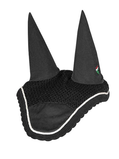Orejeras de crochet negro con orejas elásticas y cordón blanco para caballo (full) Roma - Equiline