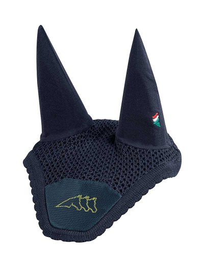 Orejeras de crochet azul marino con orejas elásticas y logo amarillo para caballo (full) Cora - Equiline