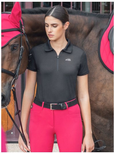 Polo d'entraînement à manches courtes noir de tissu technique respirants pour femme Carenc - Equiline