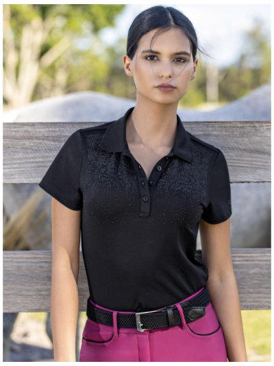 Polo de pique technique d'entraînement à manches courtes à strass noir pour femme Gillis - Equiline