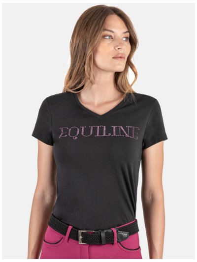 T-shirt à manches courtes noir à strass et el col en V pour femme Gigerg - Equiline