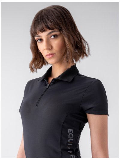 Polo d'entraînement à manches courtes noir de tissu technique respirants pour femme Crege - Equiline