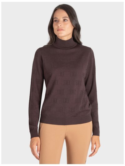 Pull marron en maille à col haut pour femme Ekole - Equiline