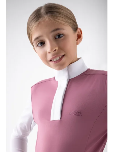 Polo de concurso de manga larga rosa (Daybreak) con mangas de tul blanco para niña EQGOR - Equiline
