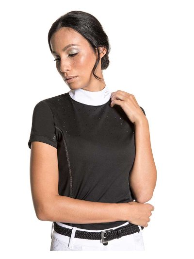Polo de compétition à manches courtes noir à strass pour femme Pitas - Equiline