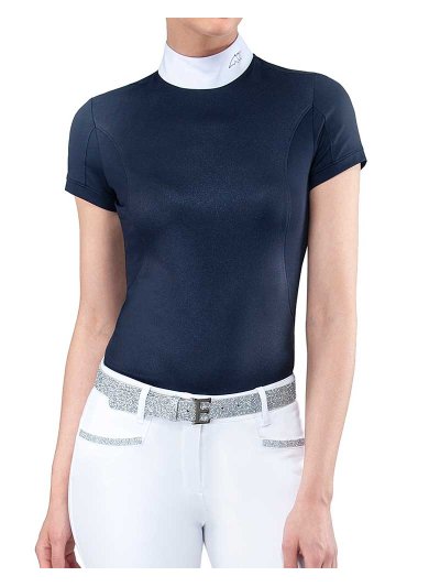 Polo de compétition à manches courtes bleu marine effet brillant pour femme Greta - Equiline