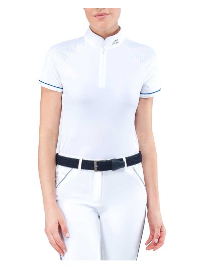 Polo de compétition à manches courtes blanc avec manches de maille pour femme Corina - Equiline