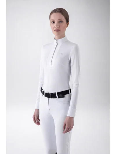 Polo de concurso de manga larga blanco con mangas de tul para mujer EQGOLO - Equiline
