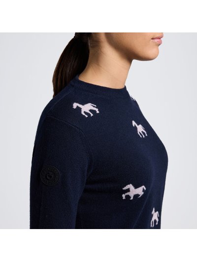 Jersey de cuello redondo azul marino con estampado de caballos en rosa para niña - Cavalleria Toscana