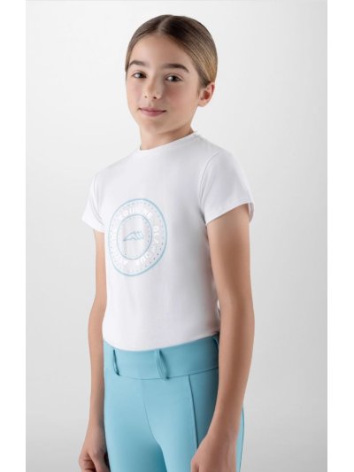 Camiseta de manga corta blanca con el logotipo de diamantes de imitación en aguamarina para niña-Galy - Equiline