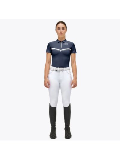 Polo de entrenamiento con cremallera y jersey estampado CT Orbit manga corta color azul marino para niña - Cavalleria Toscana