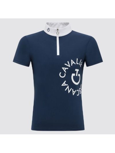 Polo de compétition bleu fumé à manches courtes avec le grand logo en haut à gauche pour fille - Cavalleria Toscana