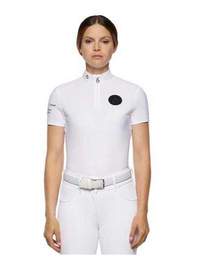 Polo de compétition à manches courtes blanc avec logos en noir pour femme Team - Cavalleria Toscana