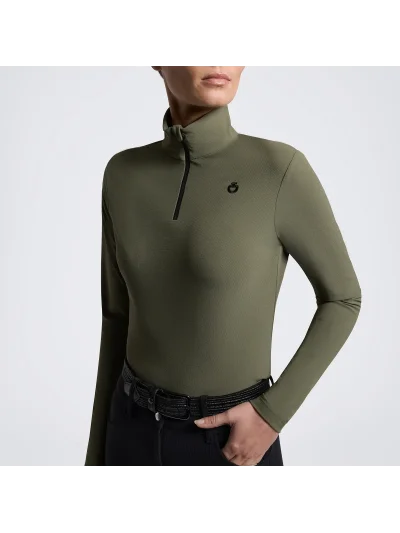 Polo de entrenamiento de manga larga verde oliva (Winter Moss) con media cremallera para mujer - Cavalleria Toscana