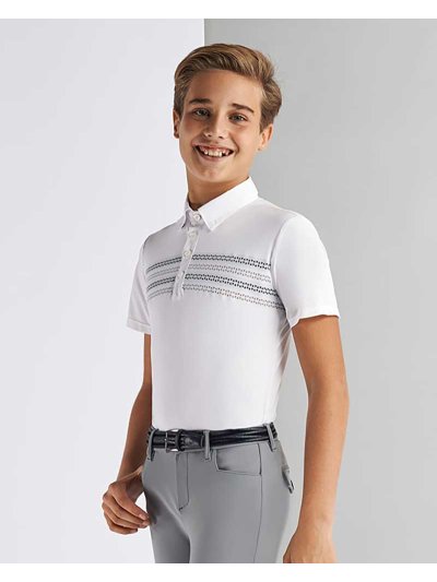 Polo de competición de manga corta blanco con malla a rayas para niño - Cavalleria Toscana