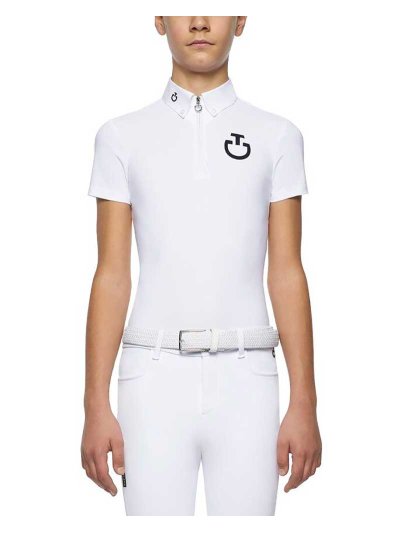 Polo de competición de manga corta blanco con logo aterciopelado para niño - Cavalleria Toscana