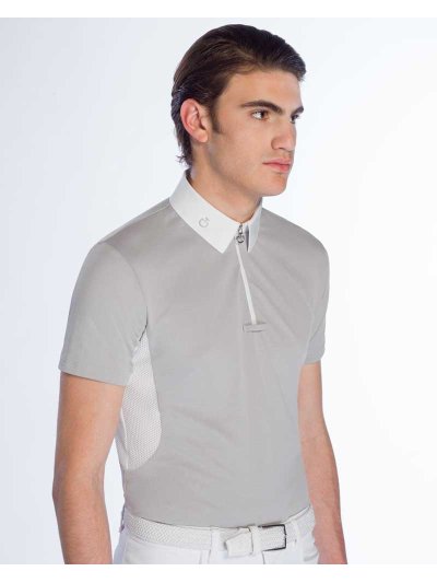 Polo de competición de manga corta de piqué gris claro y malla blanca para hombre - Cavalleria Toscana
