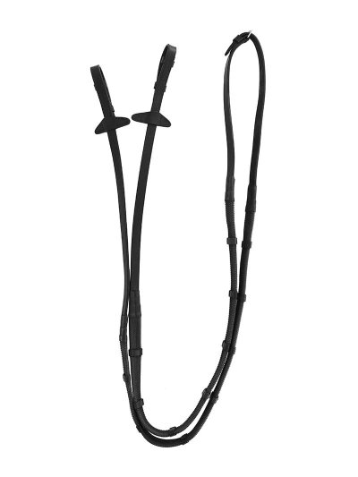 1.6cm black leather and rubber reins with stops and stoppers for horse scissors - Equiline