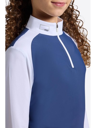 Polo de concurso de manga larga azul y blanco con inserciones perforadas para niña - RG