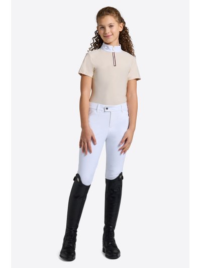 Polo de concurso de manga corta beige con cremallera y cuello blanco para niña - RG - imagen 2