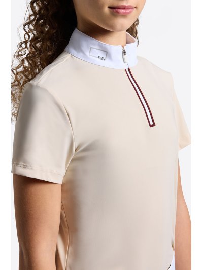Polo de concurso de manga corta beige con cremallera y cuello blanco para niña - RG