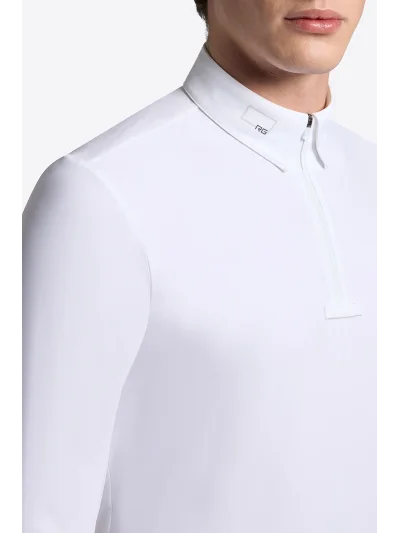 Polo de concurso de manga larga blanco con cremallera para hombre - RG