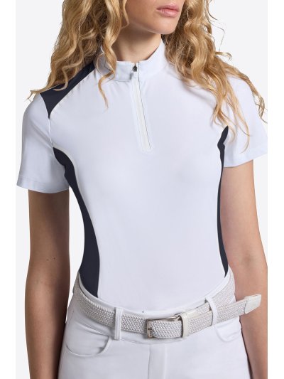 Polo de concurso de manga corta blanco y azul marino con inserciones de color para mujer - RG
