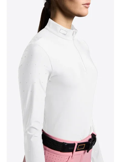 Polo de concurso de manga larga blanco con brillantes rosa para mujer - RG