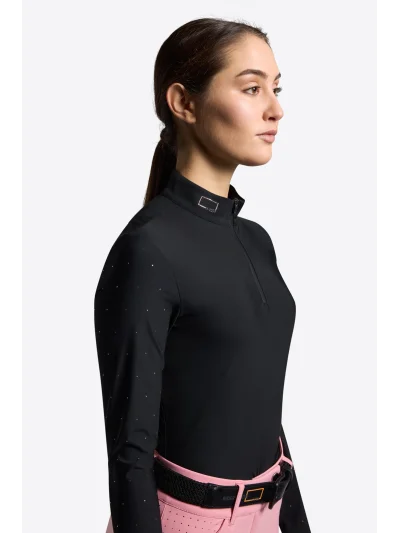 Polo de concurso de manga larga negro con brillantes rosa para mujer - RG