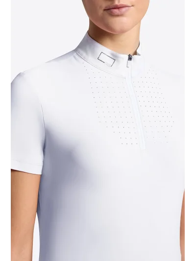 Polo de concurso de manga corta blanco con cremallera y brillantes para mujer - RG