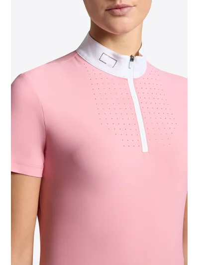 Polo de concurso de manga corta rosa (Peony) con cremallera y brillantes para mujer - RG