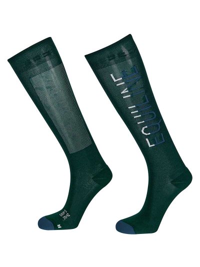 Calcetines altos finos  verde oscuro con firma en azul marino y gris claro y grip en el interior Thor - Equiline