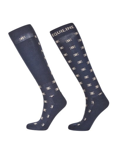 Calcetines de caña alta azul marino con el logo de la marca en beige Elinore - Equiline