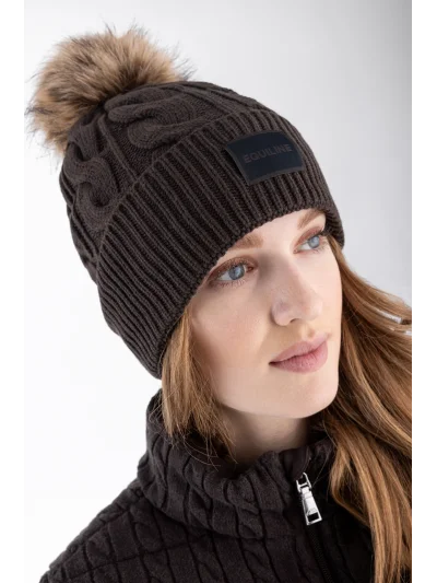 Gorro de punto trenzado marrón oscuro (Coffee Bean) con pompón para mujer EQGAT - Equiline