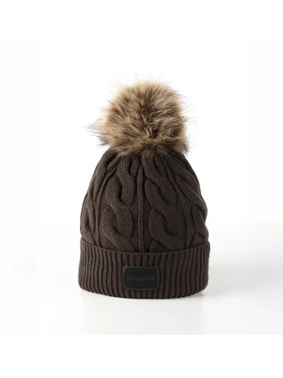 Gorro de punto trenzado marrón oscuro (Coffee Bean) con pompón para mujer EQGAT - Equiline - imagen 2