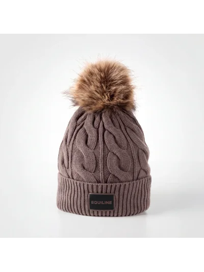 Gorro de punto trenzado beige grisáceo (Greige) con pompón para mujer EQGAT - Equiline