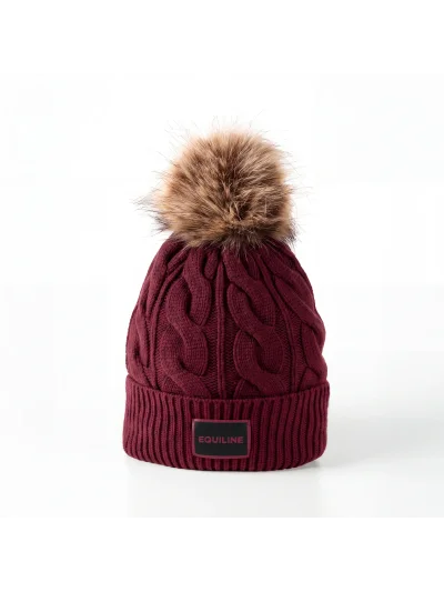 Gorro de punto trenzado rojo (Alpine Plum) con pompón para mujer EQGAT - Equiline
